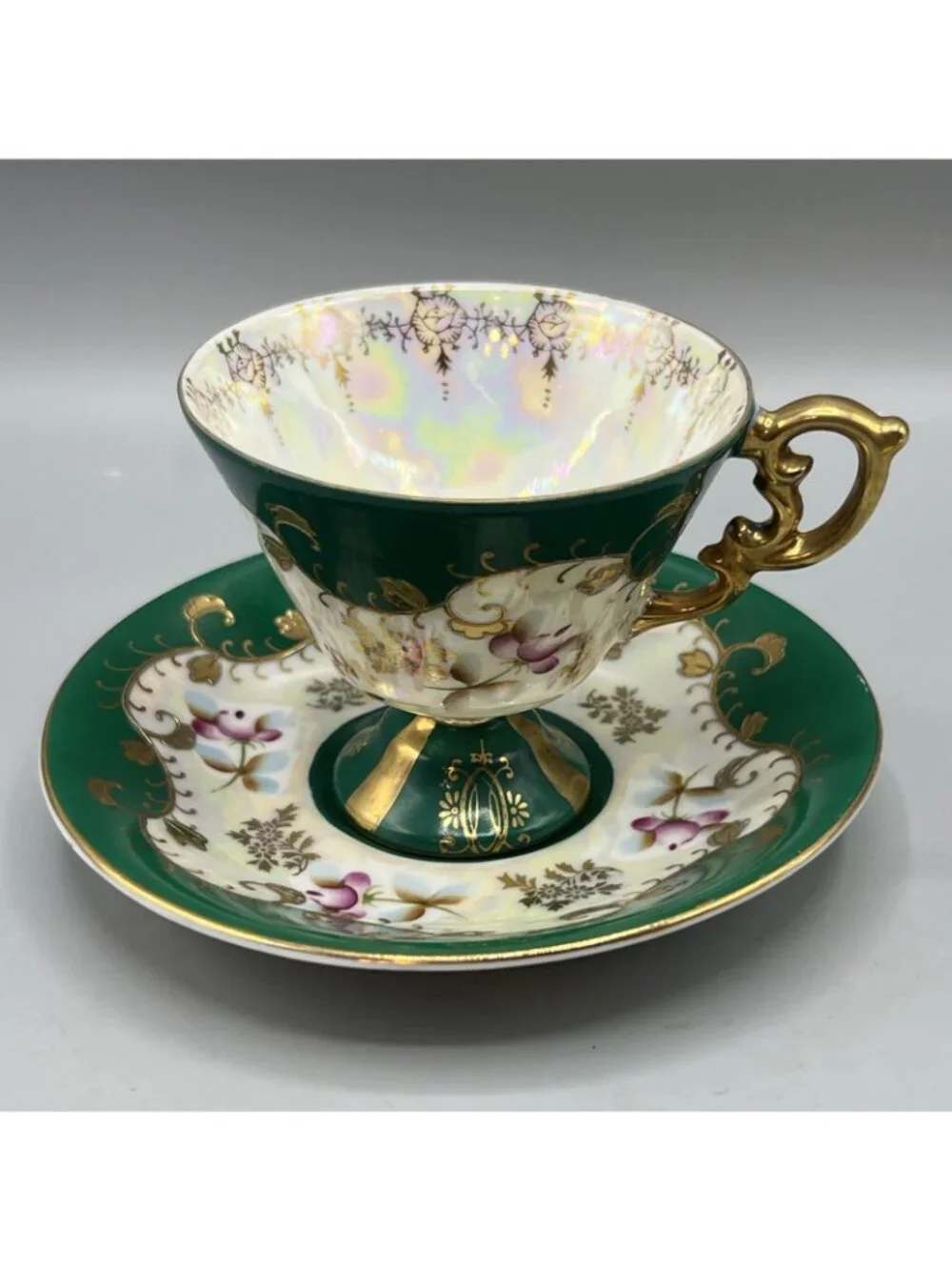 Vtg 50’s Lusterware Tea Cup Saucer Green Gold Trim Masculine Royal Sealy Japan